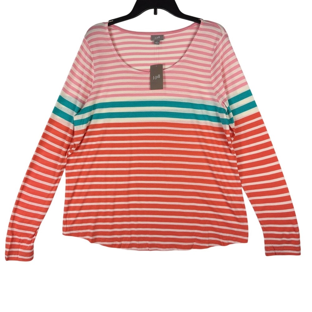 J. Jill‎ Womens M Pink Orange Teal Striped Pima Cotton Modal Top SUNIRREGST NWT